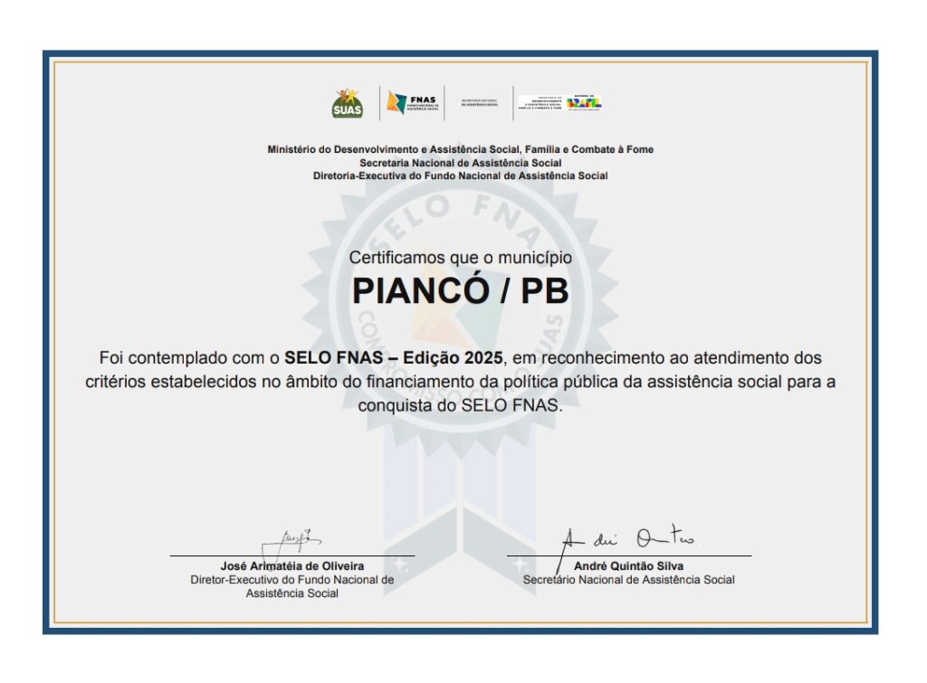 Piancó conquista Selo FNAS 2025 e se destaca na assistência social