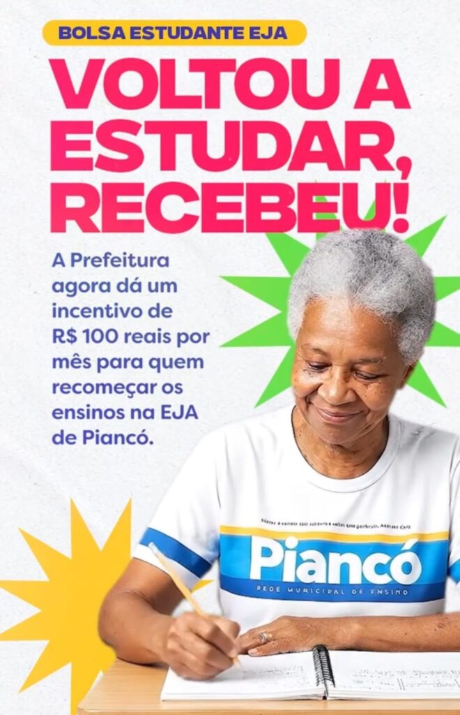 Prefeitura de Piancó lança benefício mensal de R$ 100 para estudantes do EJA