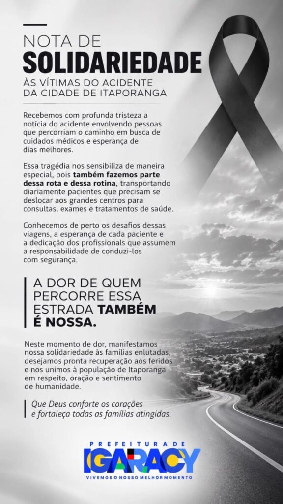 Prefeitura de Igaracy manifesta solidariedade às vítimas de acidente envolvendo pessoas de Itaporanga